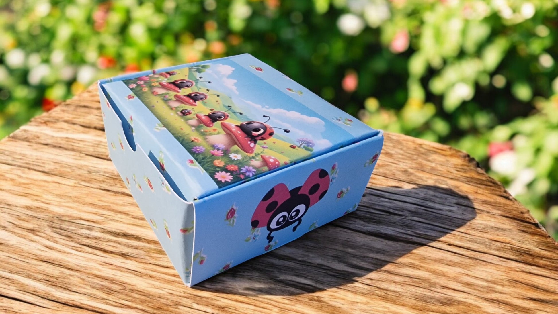 Children's jewelry box with ladybug design on a wooden surface