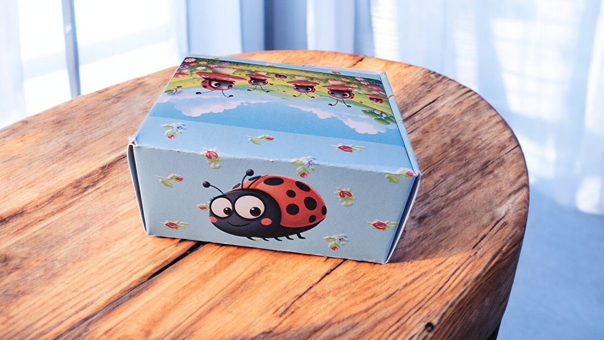 Cartoon ladybug box on a wooden table with a blurred background