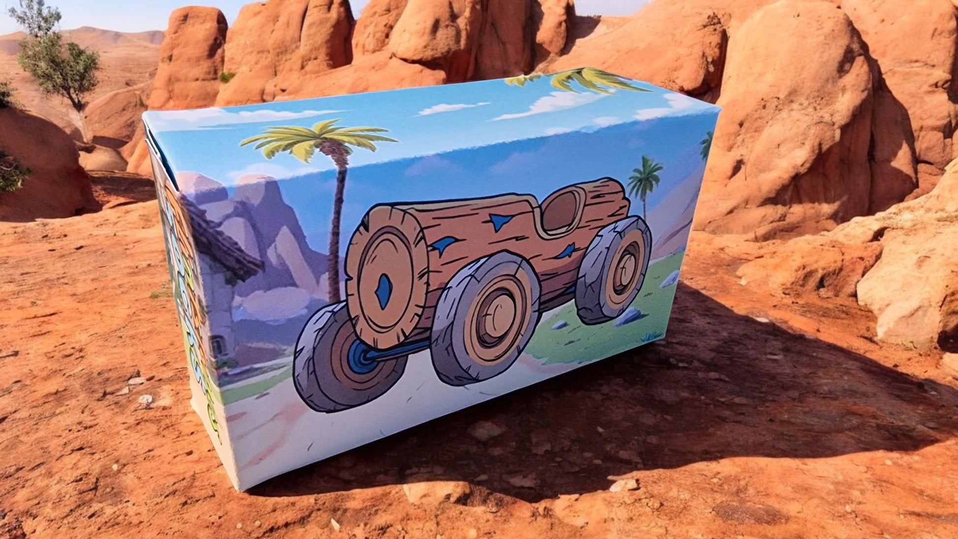 Cartoon-style truck on a cardboard box in a desert landscape