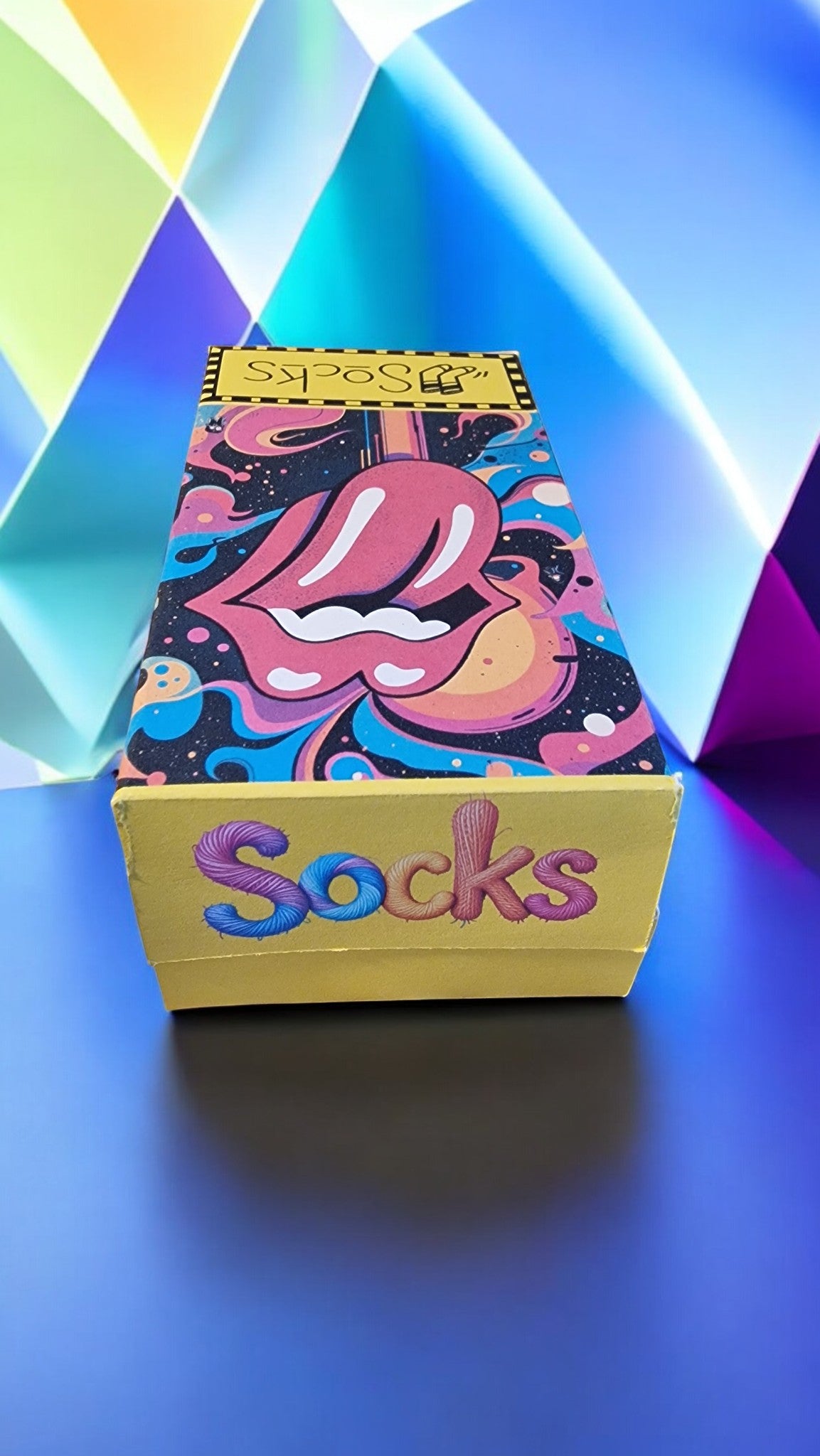 Colorful sock box with abstract design and 'Socks' text on a blue background