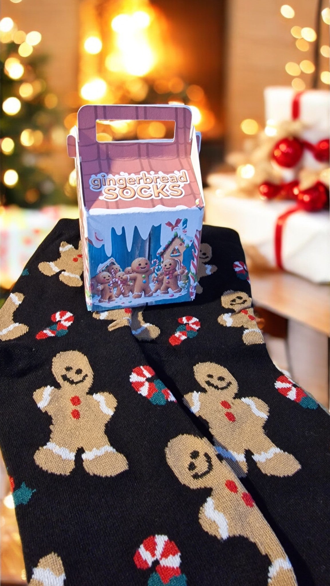Black socks with gingerbread man design held up against a festive background with Christmas lights and decorations.
