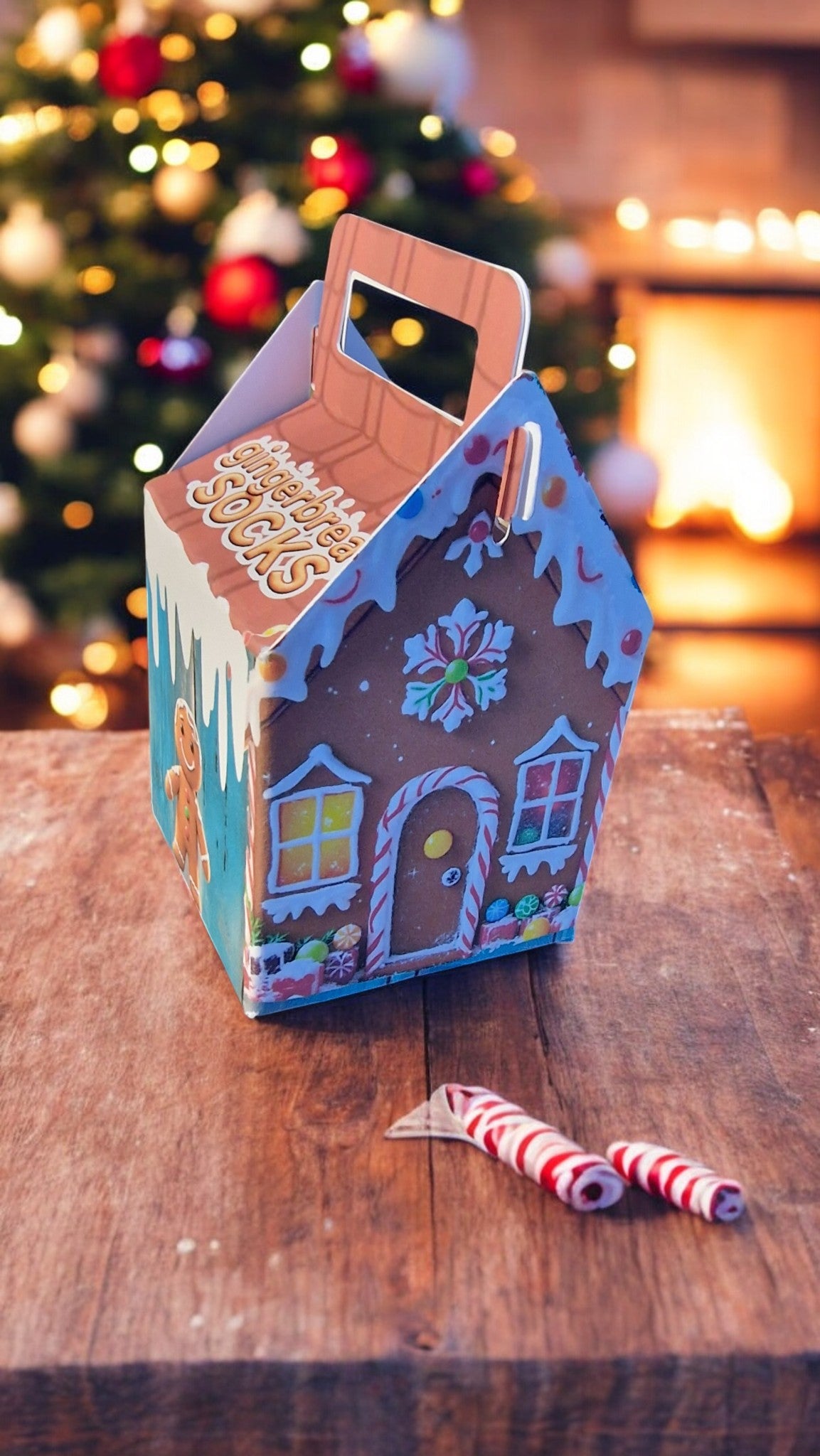 Gingerbread house-shaped gift box on a wooden surface with a blurred Christmas tree in the background.