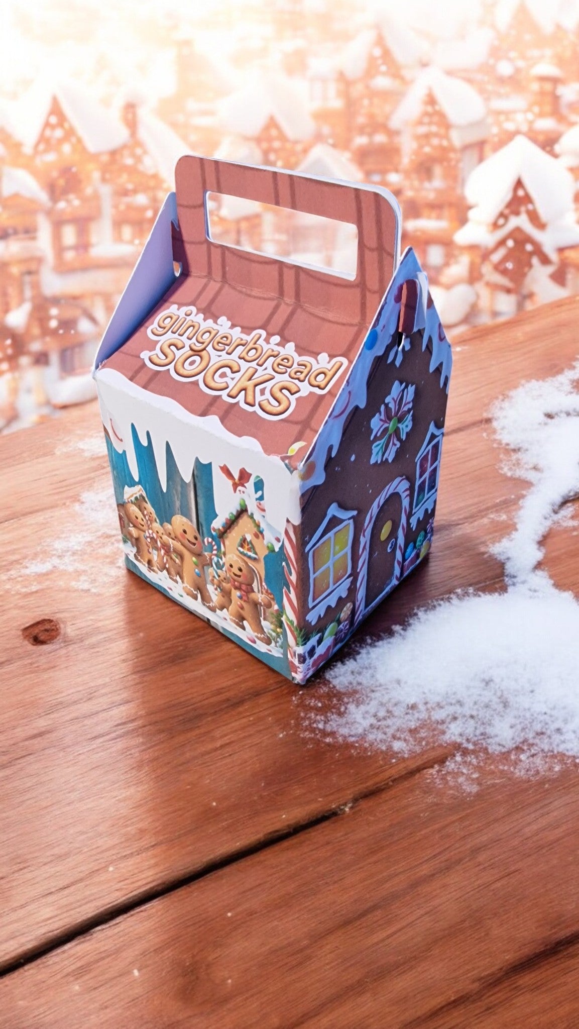 Gingerbread-themed box on a wooden surface with a snowy background