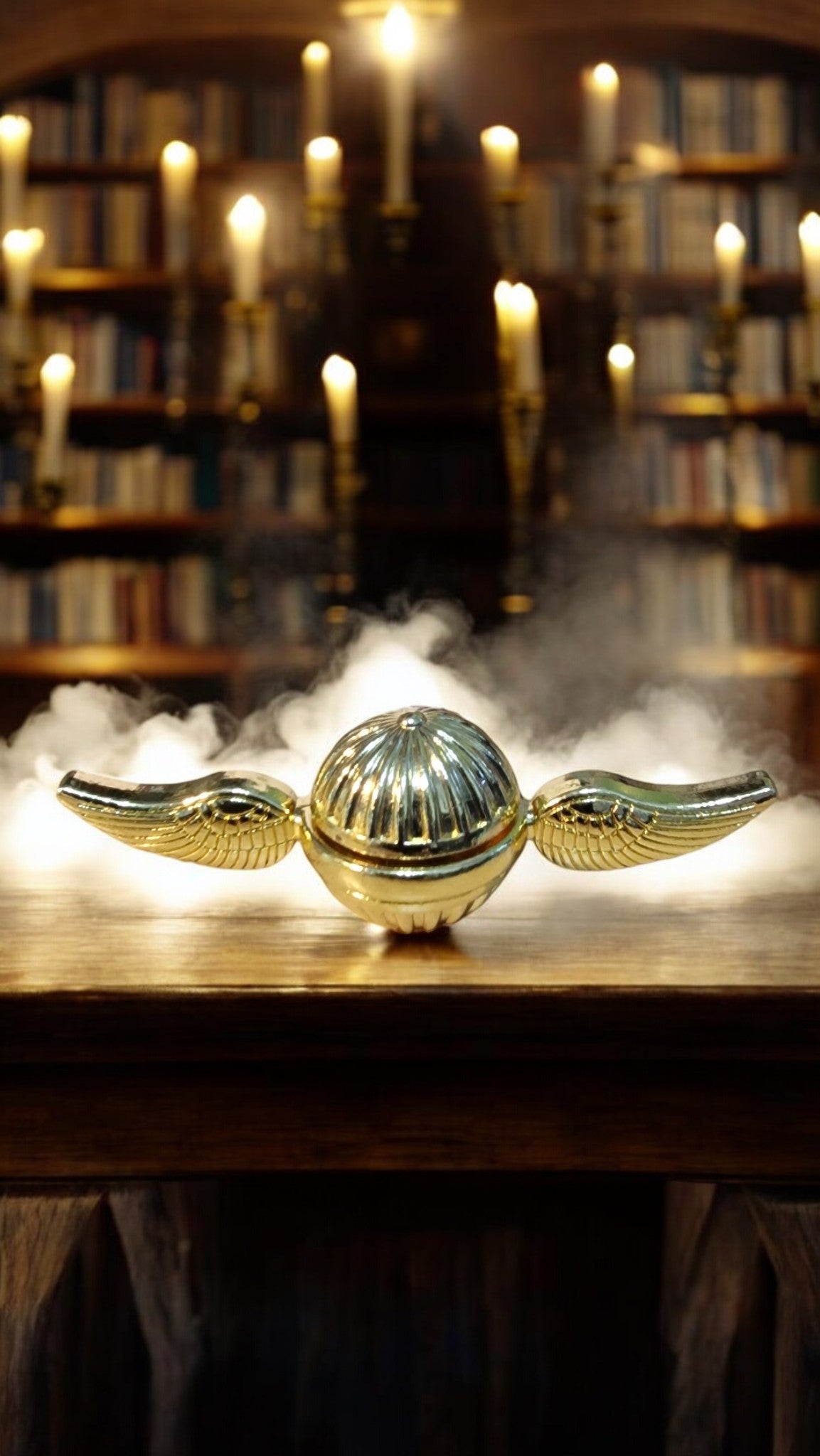Gold Snitch on a table with a bookshelf background