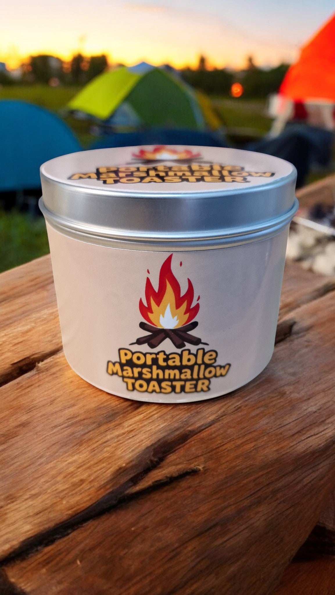 Portable marshmallow toaster canister with camping scene in the background