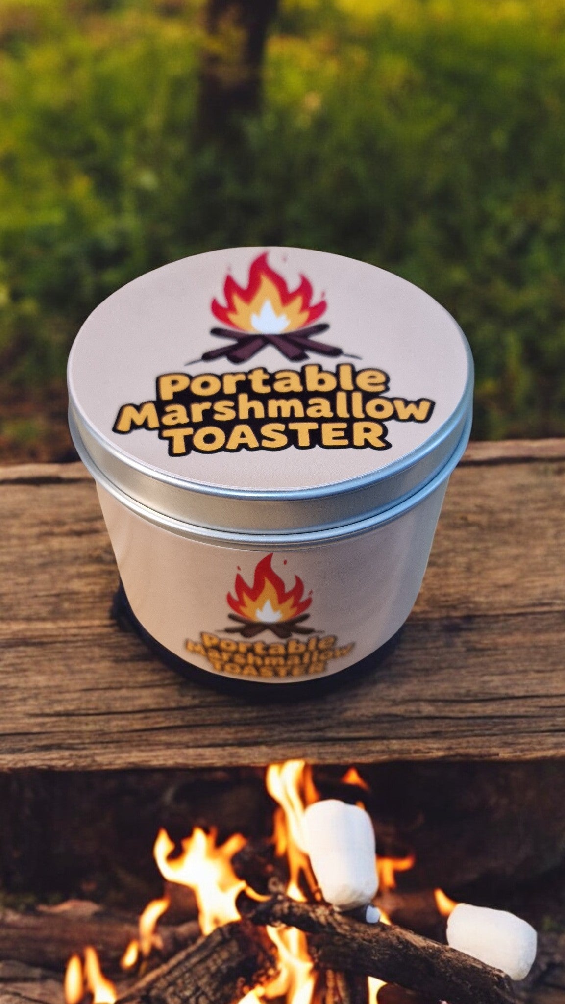 Portable marshmallow toaster on a wooden surface with flames and marshmallows below
