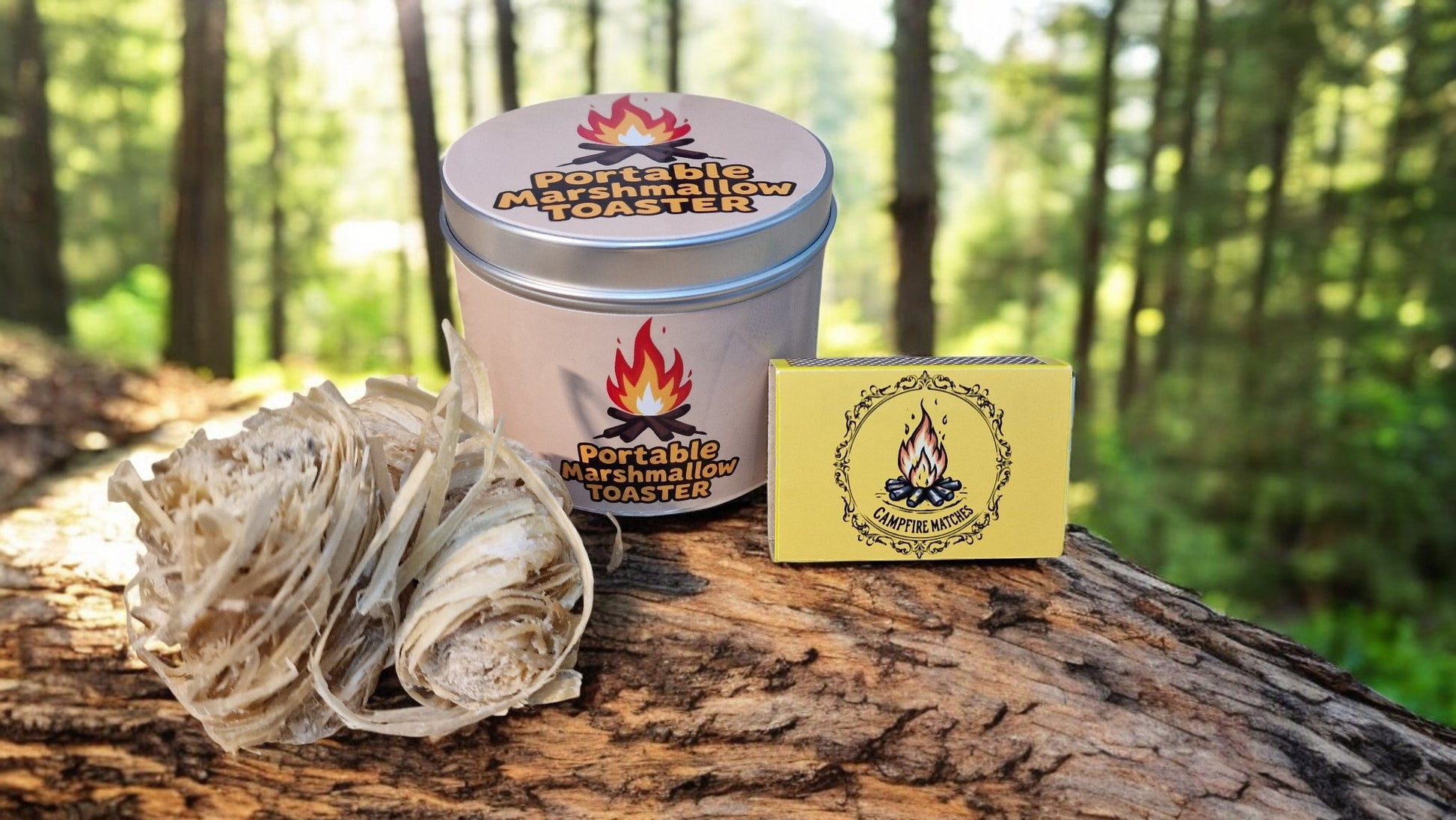 Portable marshmallow toaster and packaging on a log with a forest background