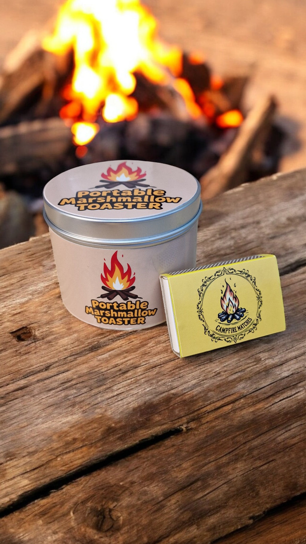 Portable marshmallow toaster with matches on a wooden surface in front of a fire.