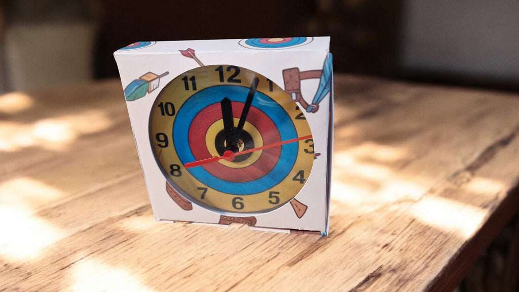 Dartboard-themed paper clock on a wooden surface