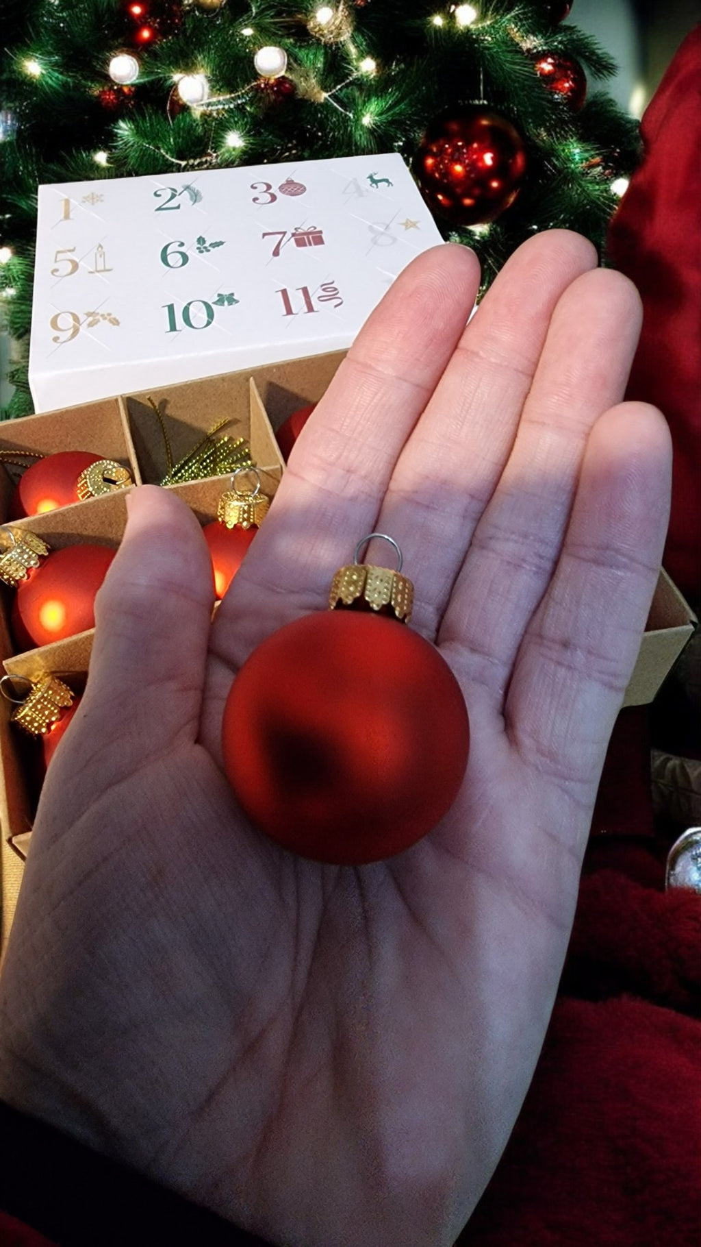 Hand holding a red Christmas ornament with a decorated tree in the background