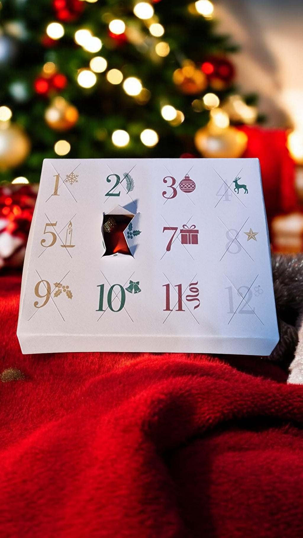 Advent calendar with Christmas-themed numbers in front of a decorated tree.