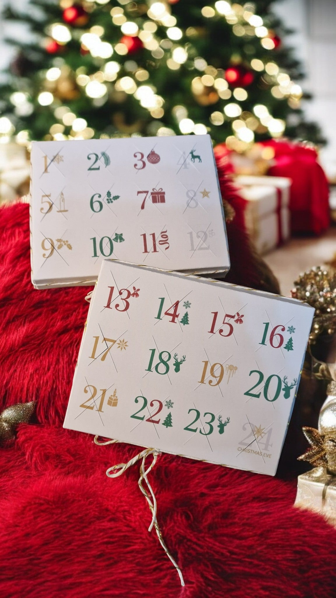 Wooden advent calendar with numbers on a red surface, Christmas tree and presents in the background