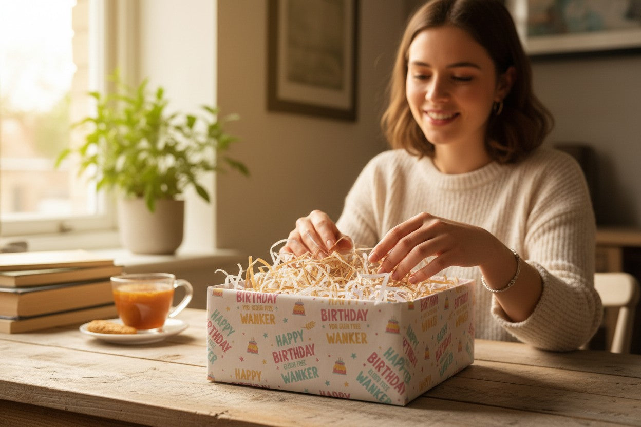 Woman opening a birthday gift box with a cup of coffee on a table.