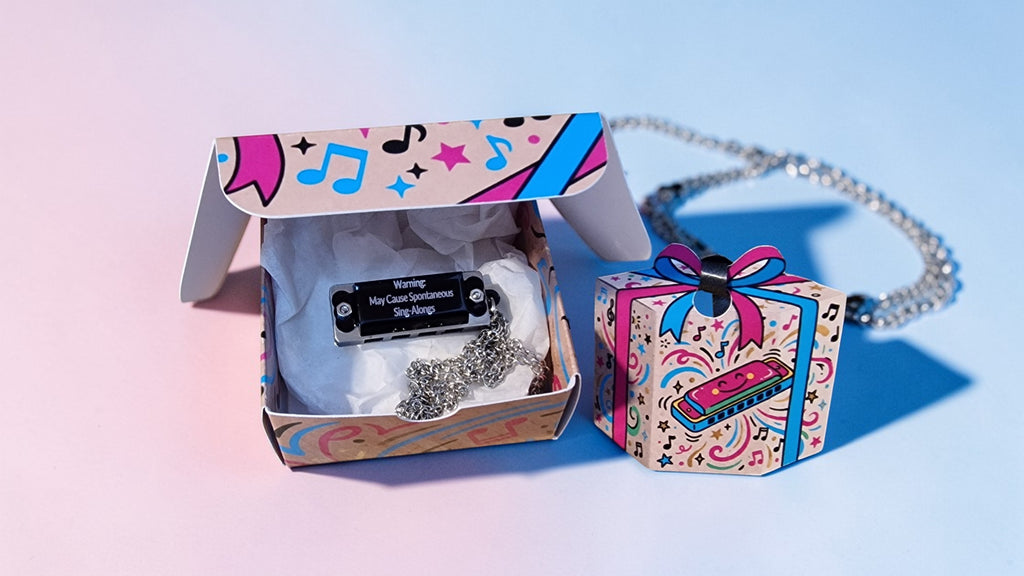 Necklace with a decorative box on a light blue background