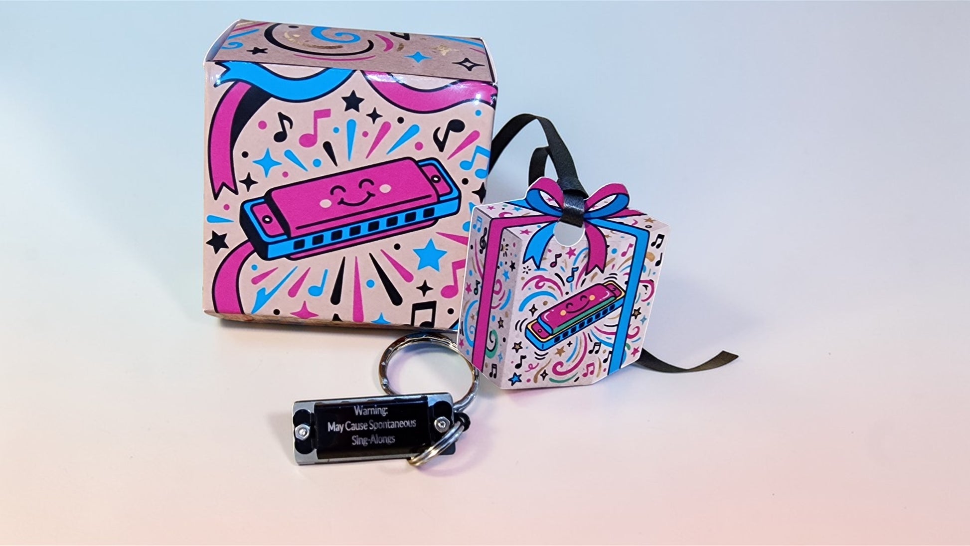 Colorful packaging with musical design on a gradient background