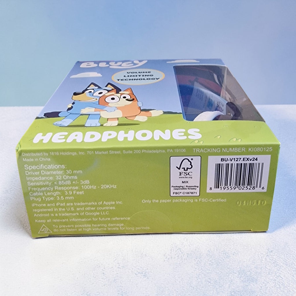 Box of headphones with cartoon characters on a light blue background