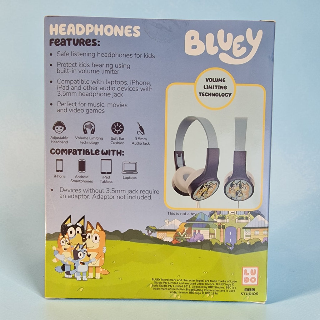 Box of Bluey headphones with features and compatibility details on a light blue background