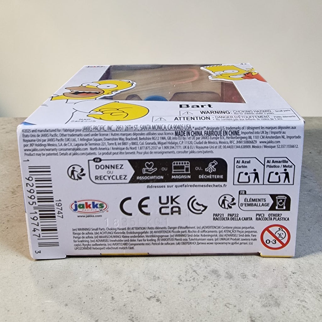 Back of a box with cartoon character images and branding on a neutral background