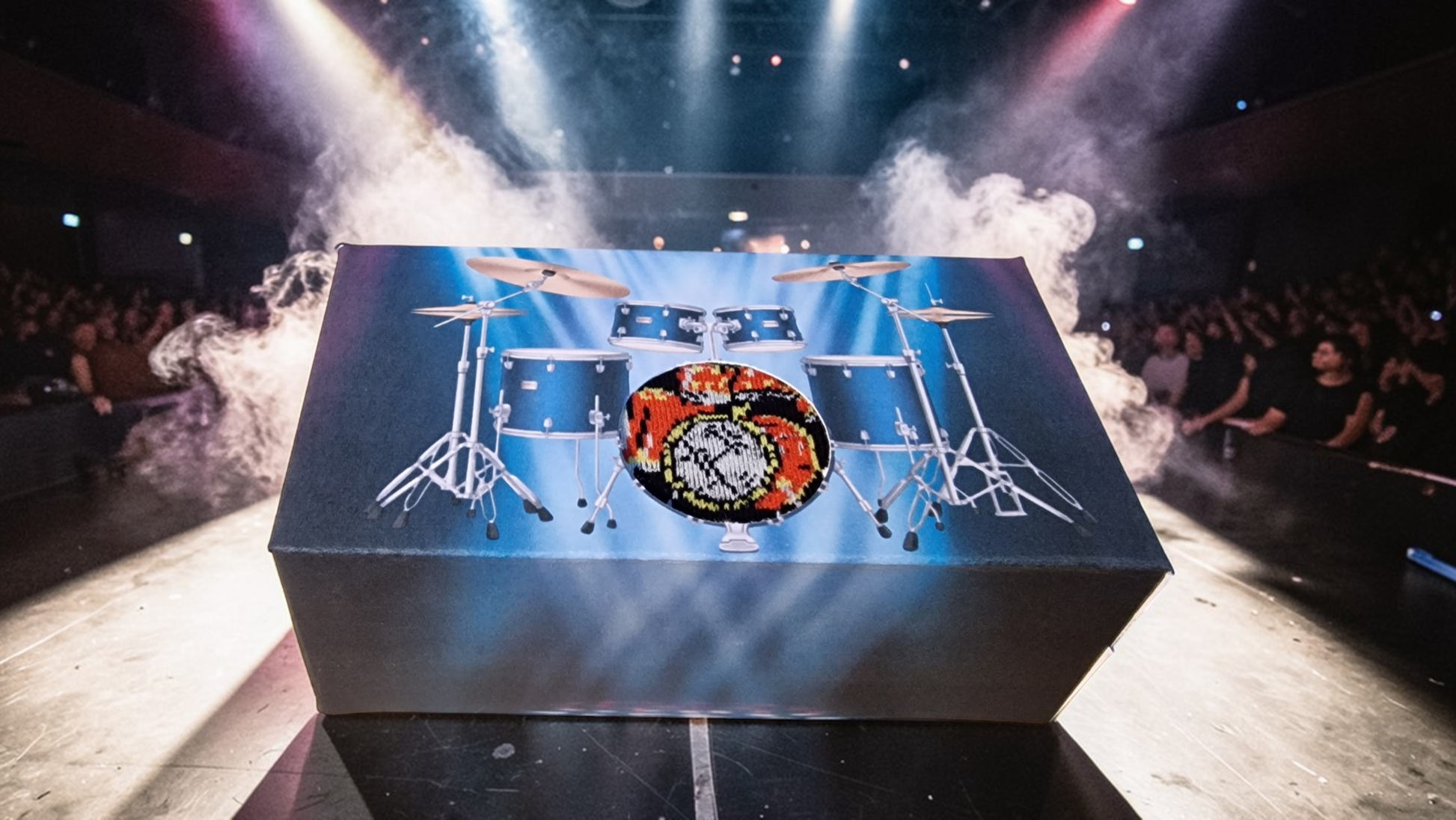 Drum set design on a rectangular platform with stage lights and smoke effects.