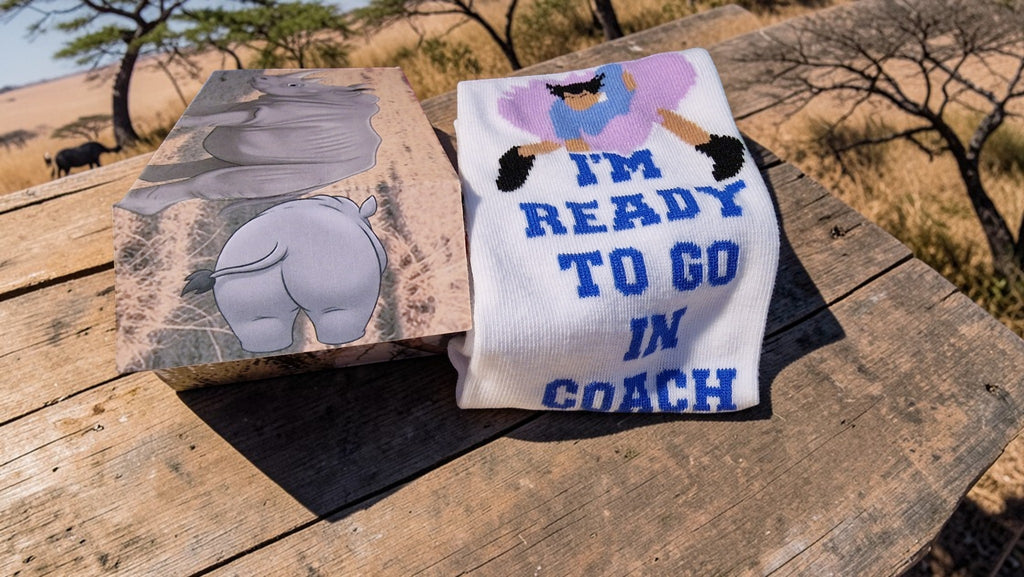 Children's book and sock with text on a wooden surface with a natural landscape background