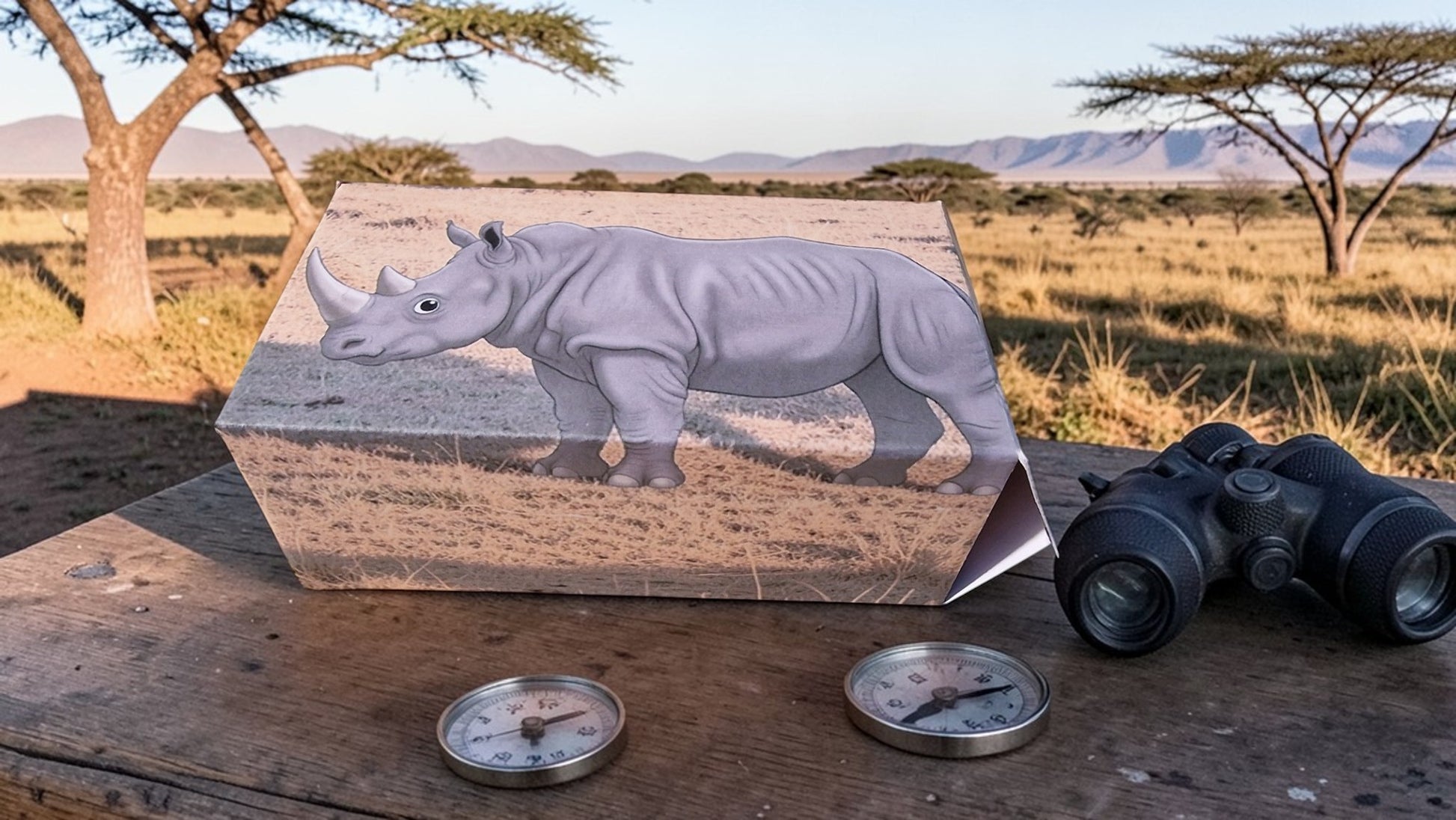 Box with a rhino illustration on a wooden surface with binoculars and compasses, set against a savannah background.