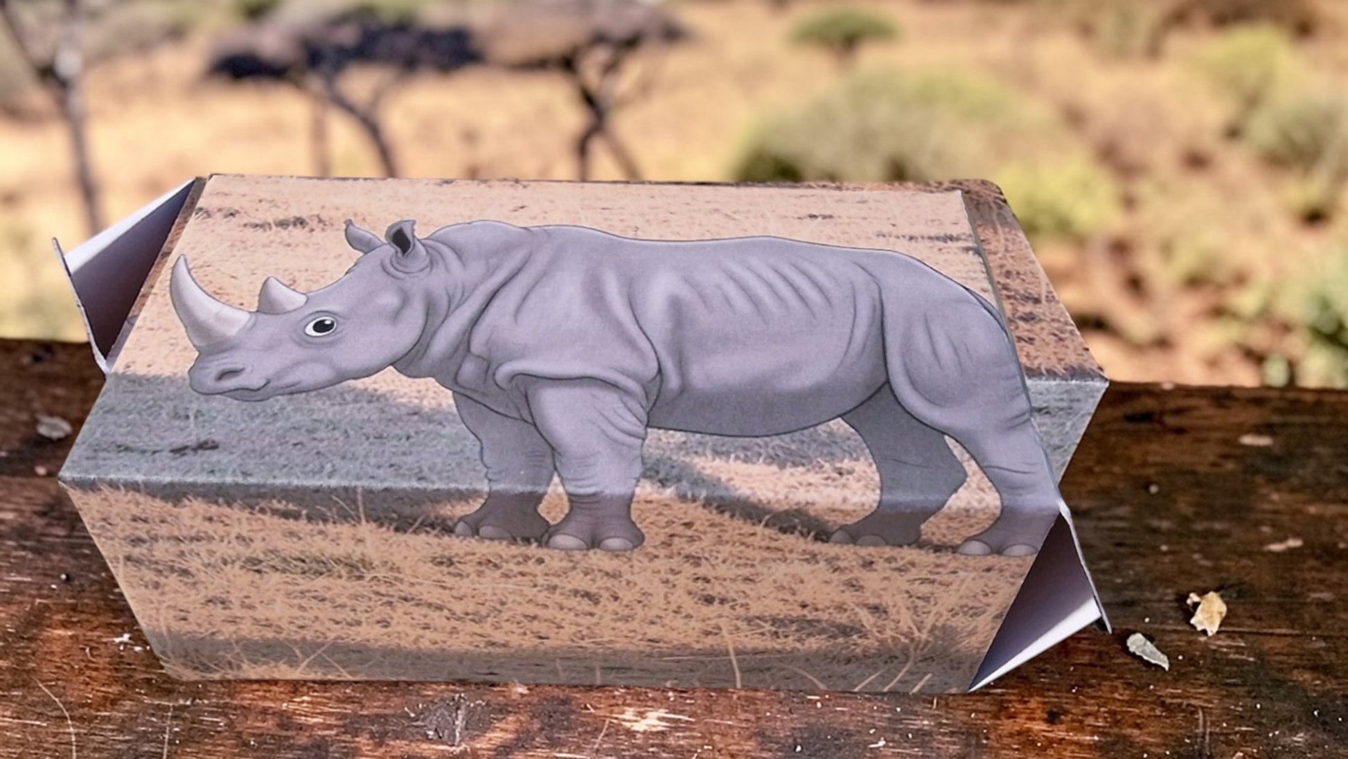 Cardboard box with a rhinoceros design on a wooden surface