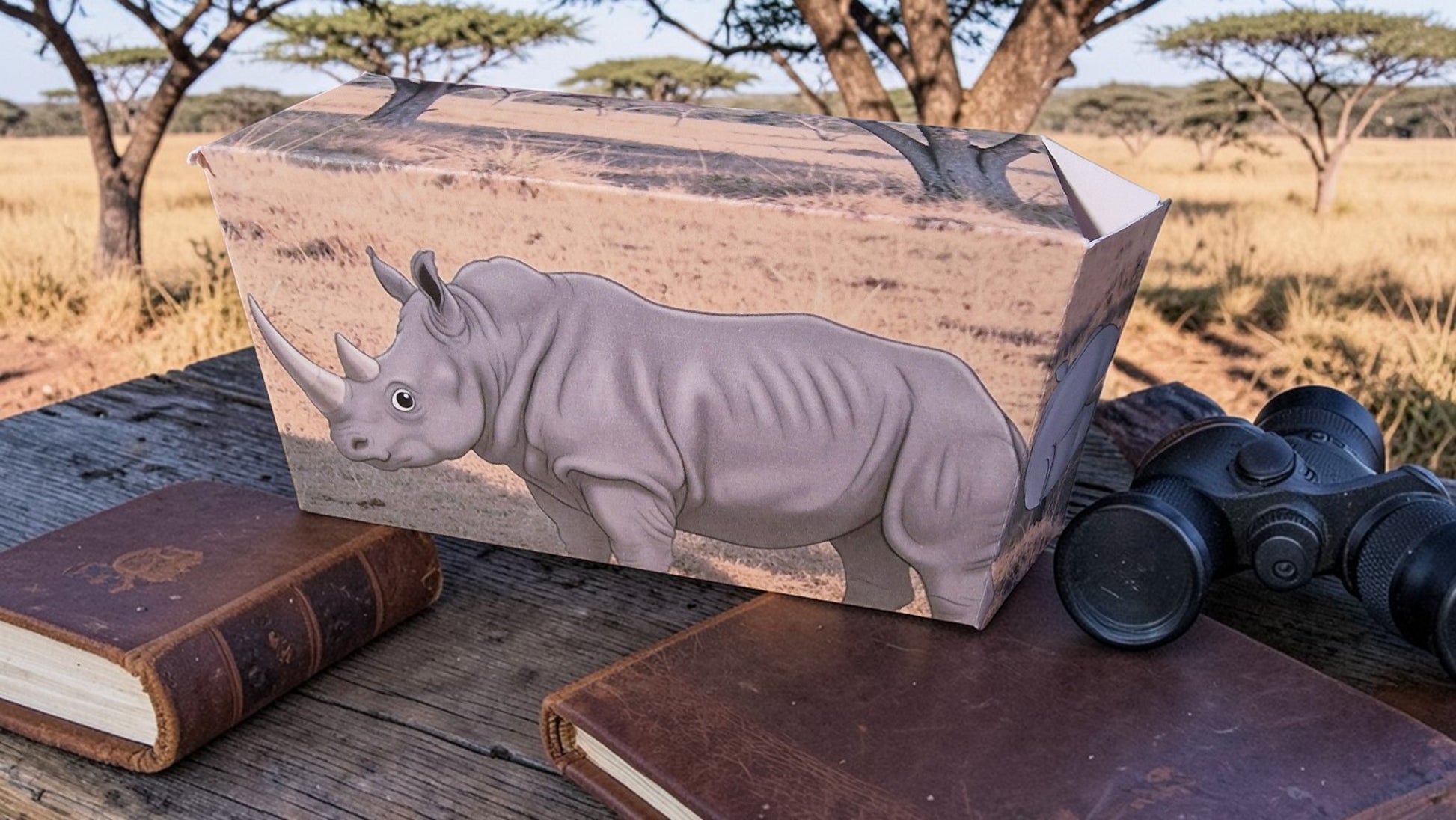 Cardboard box with a rhino design on a table with books and binoculars, set against a natural landscape.