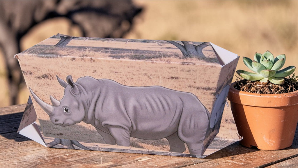 Cardboard box with a rhino design on a wooden surface with a plant in the background