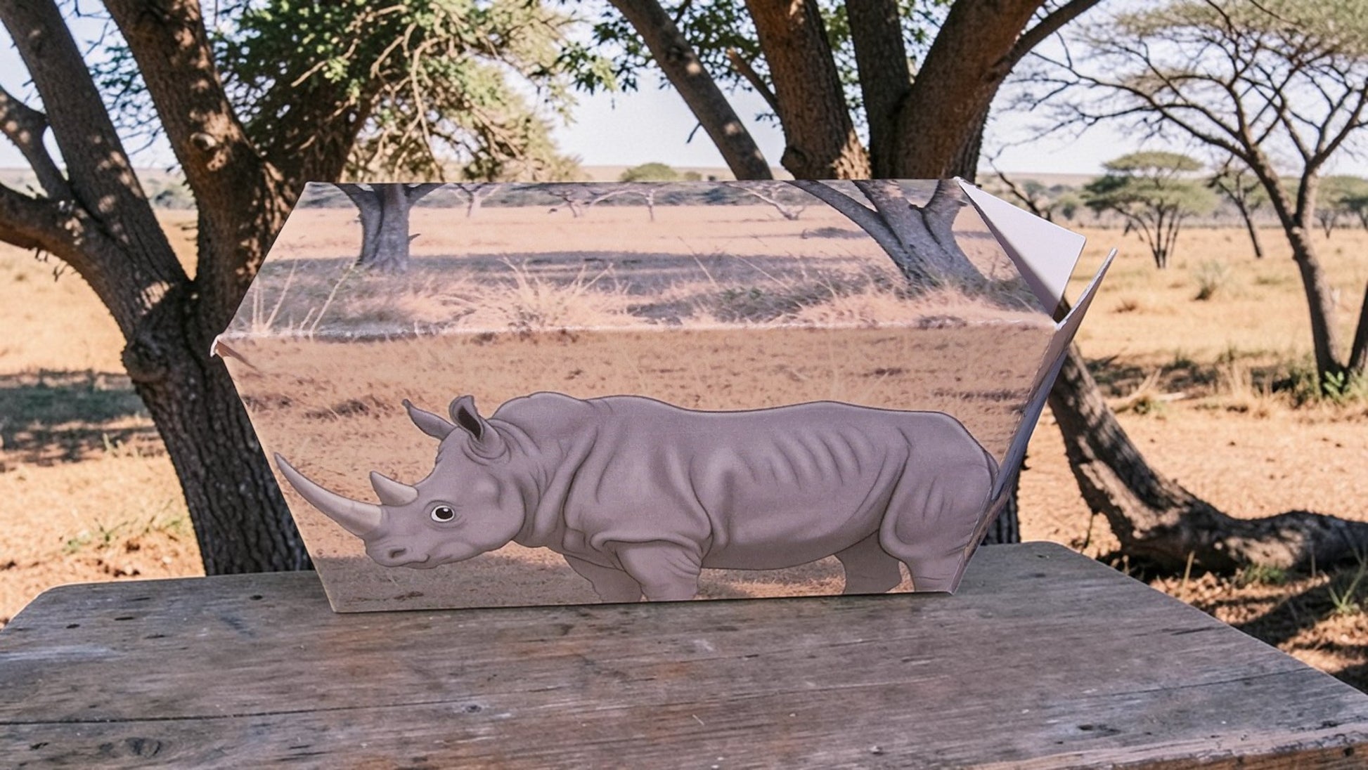 Wooden rhinoceros sculpture on a wooden platform with a natural landscape background