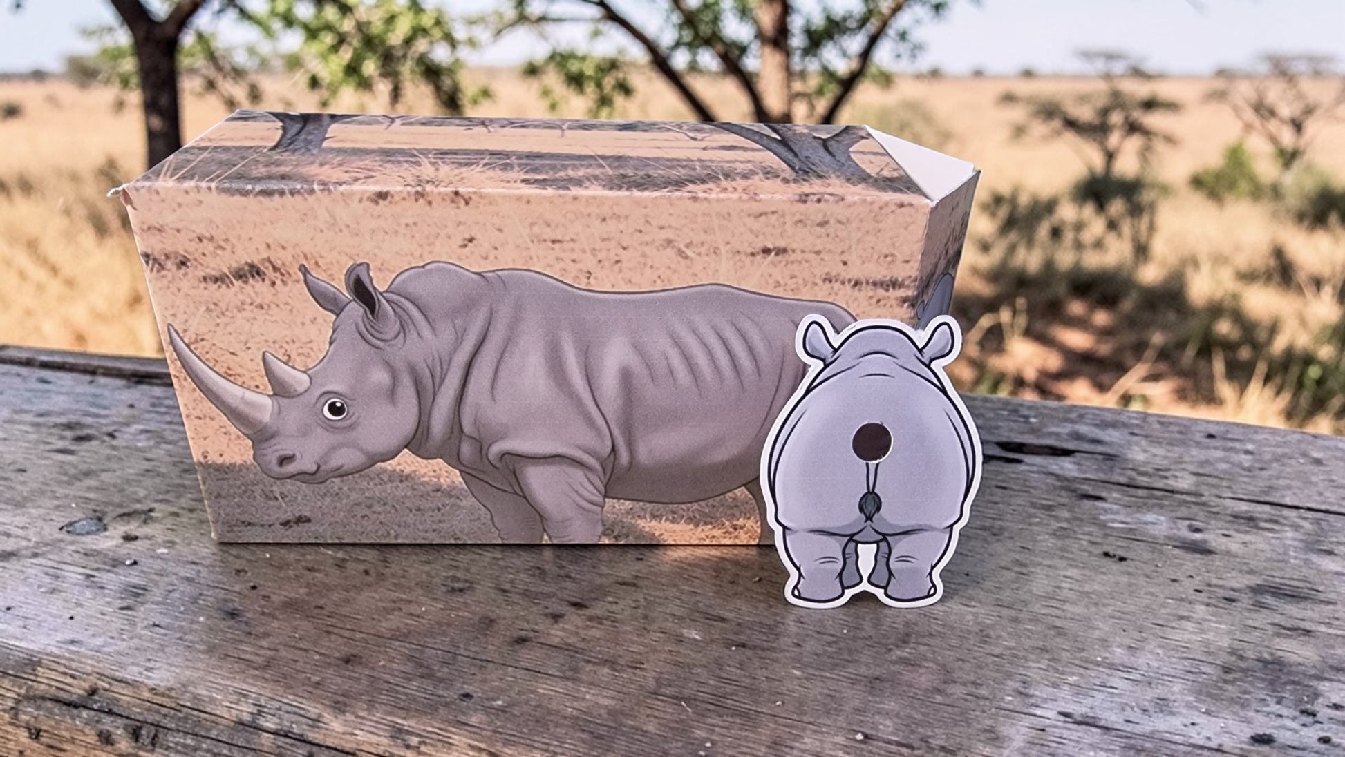 Cardboard box with a rhino design on a wooden surface with a natural landscape in the background