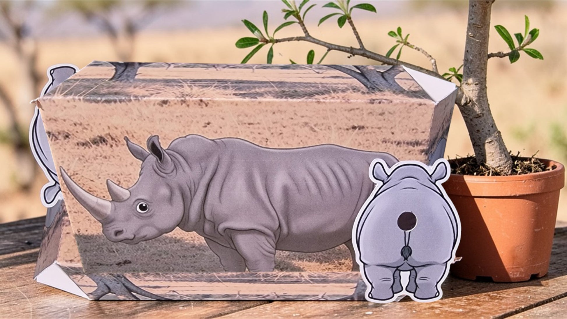 Cardboard cutout of a rhinoceros on a table with a potted plant in the background
