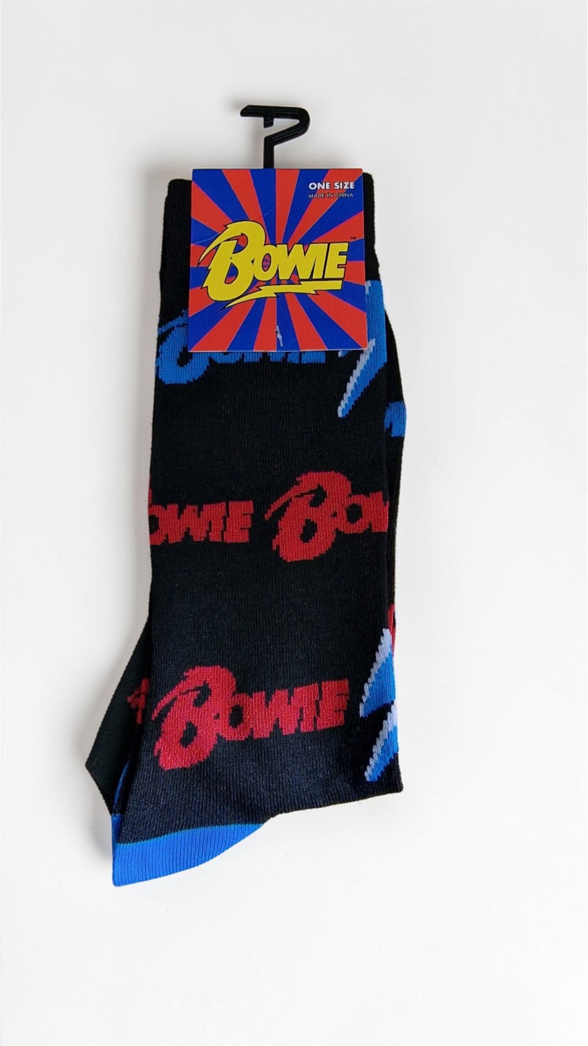 Black socks with red ' Bowie' logo on a white background