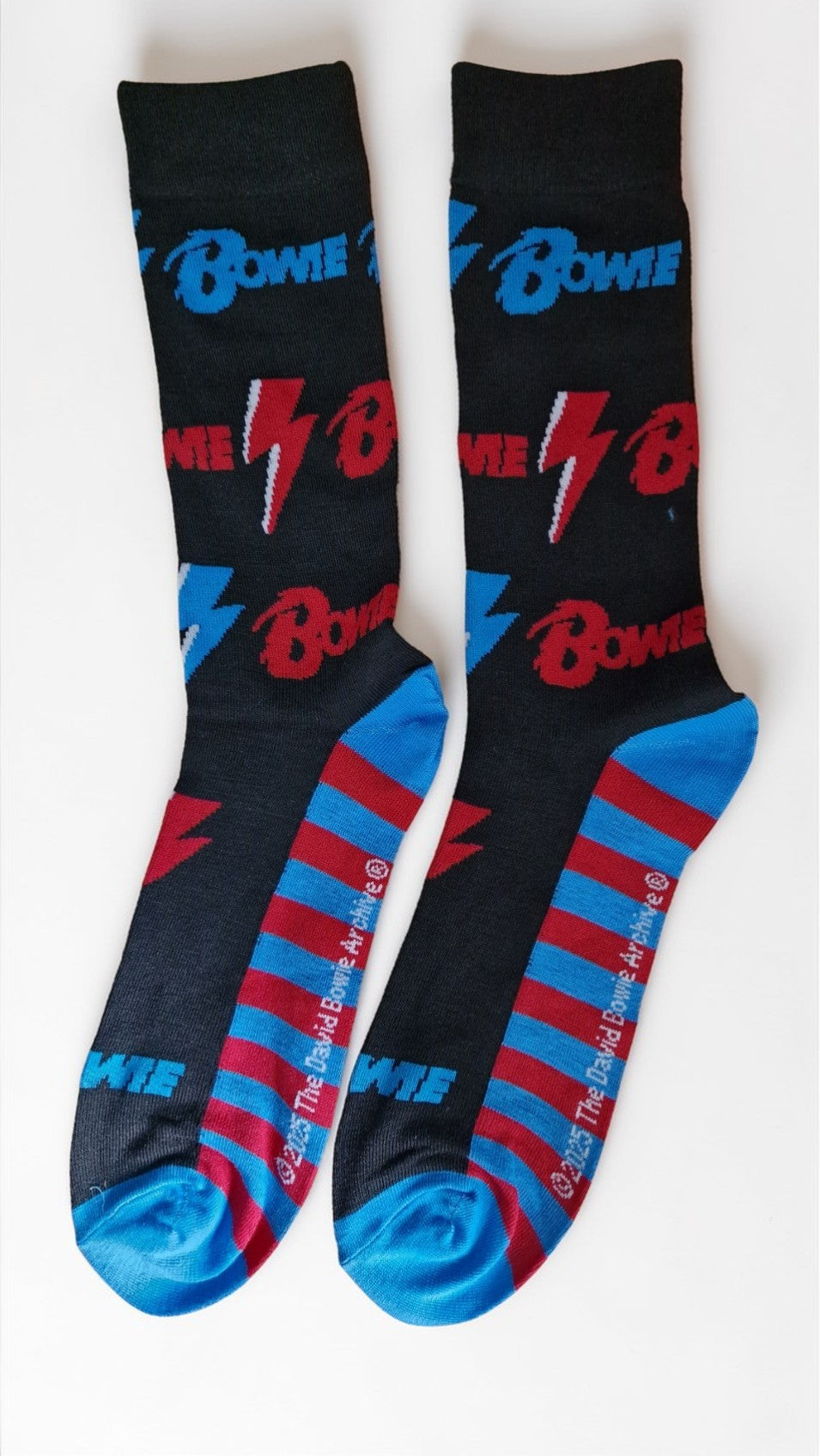 Black socks with Bowie logo and red and blue stripes on a white background