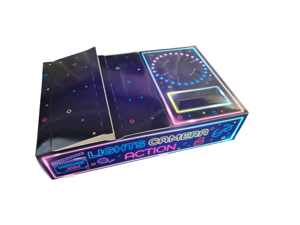 Toy camera with LED lights and colorful display on a white background
