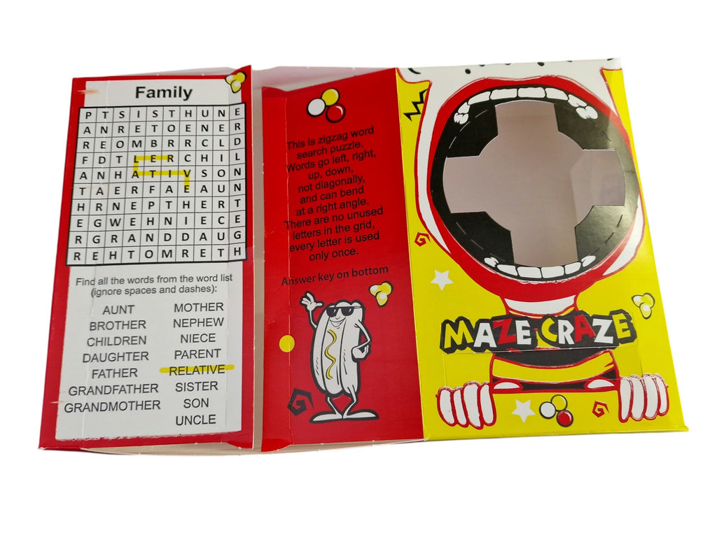 Maze Craze game box with word search and cartoon character on a white background