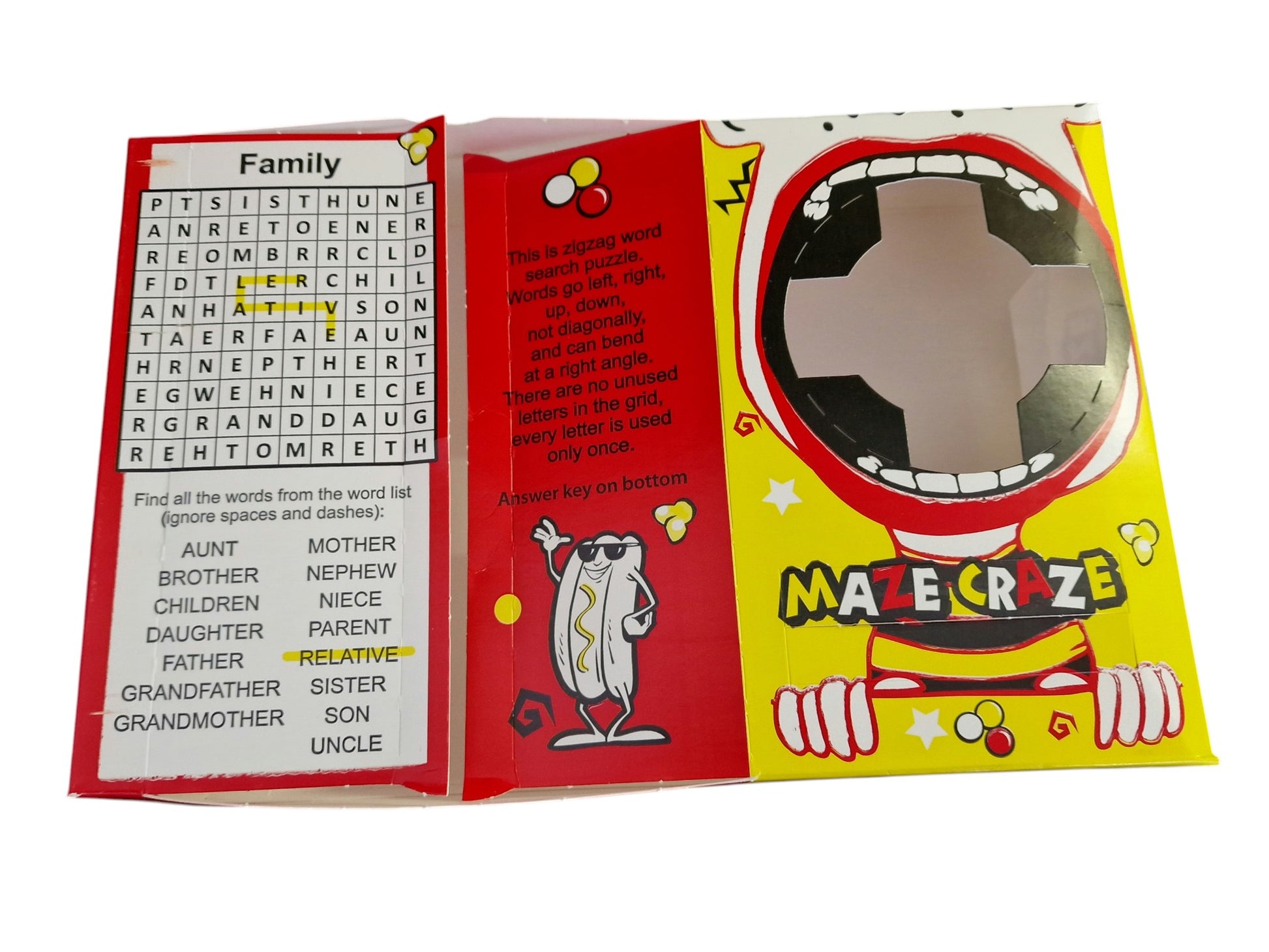 Maze Craze game box with word search and cartoon character on a white background