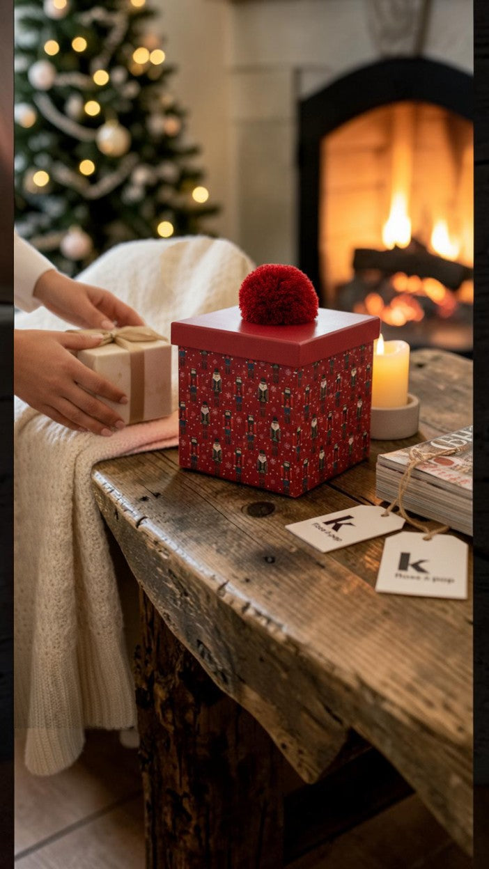 Person opening a gift box with a red lid featuring a pom-pom on a wooden table in front of a fireplace.