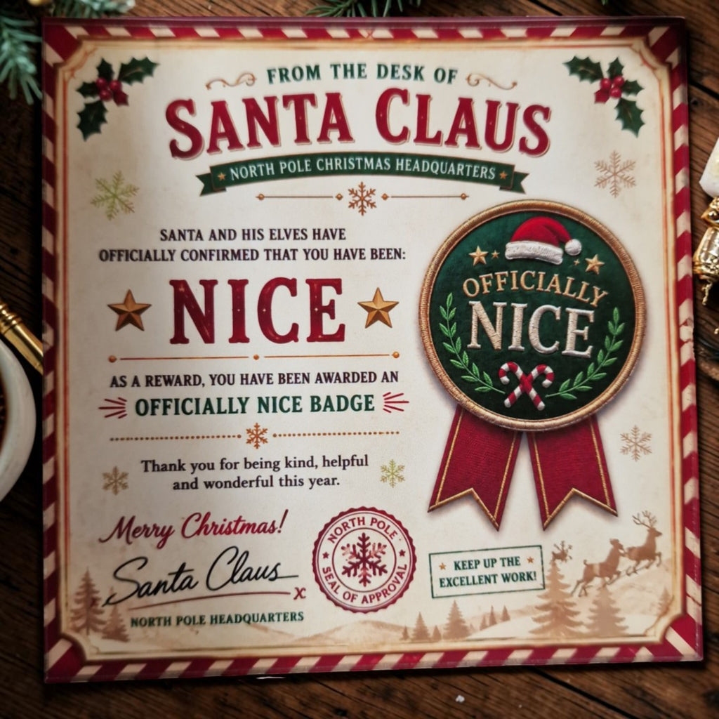 Letter from Santa Claus declaring someone 'Officially Nice' on a wooden surface.