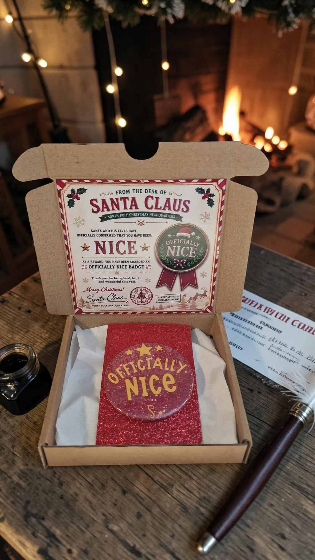 Gift box with 'Santa Claus' label on a wooden table