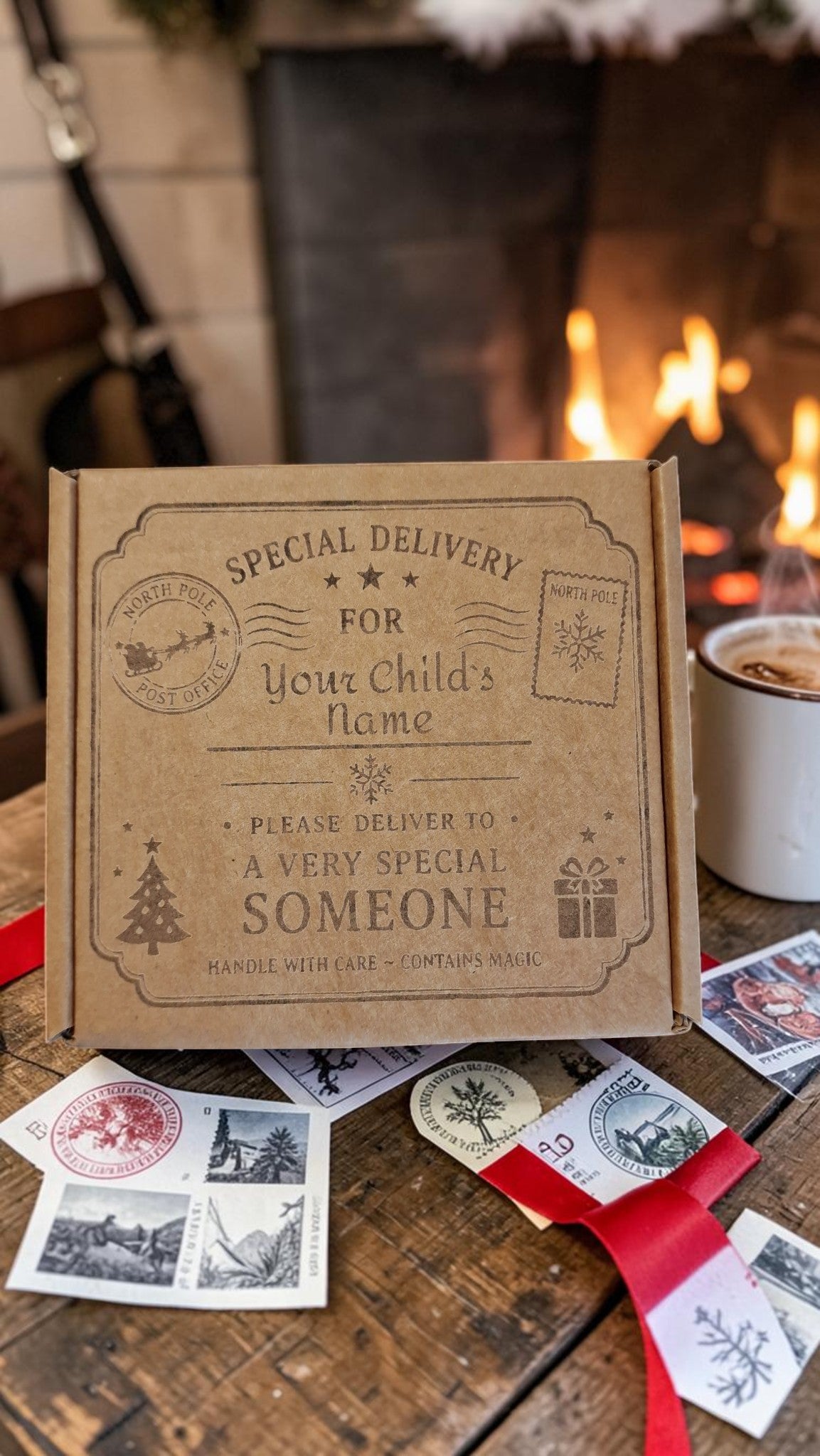 Special delivery box with decorative stamps on a wooden table in front of a fireplace.