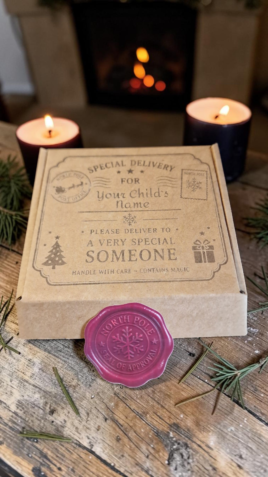 Box with a decorative label and purple wax seal on a wooden surface with candles and a fireplace in the background.