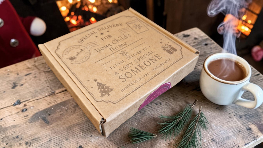 Cardboard box with personalized text on a wooden table with a cup of hot chocolate and Christmas decorations.