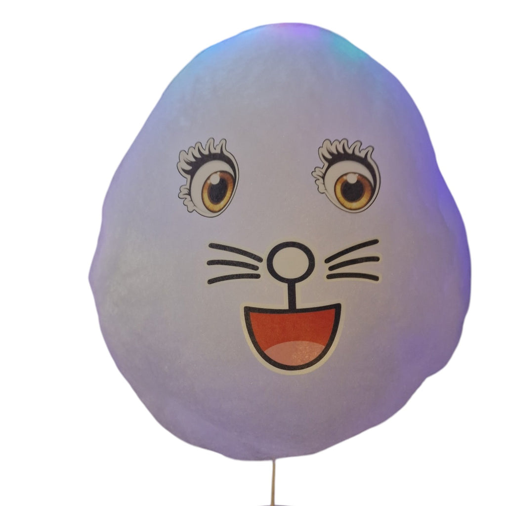 A novelty plush pillow shaped like a cat face, featuring printed eyes, whiskers, and a smiling mouth on a light purple background, shown against a plain white background.