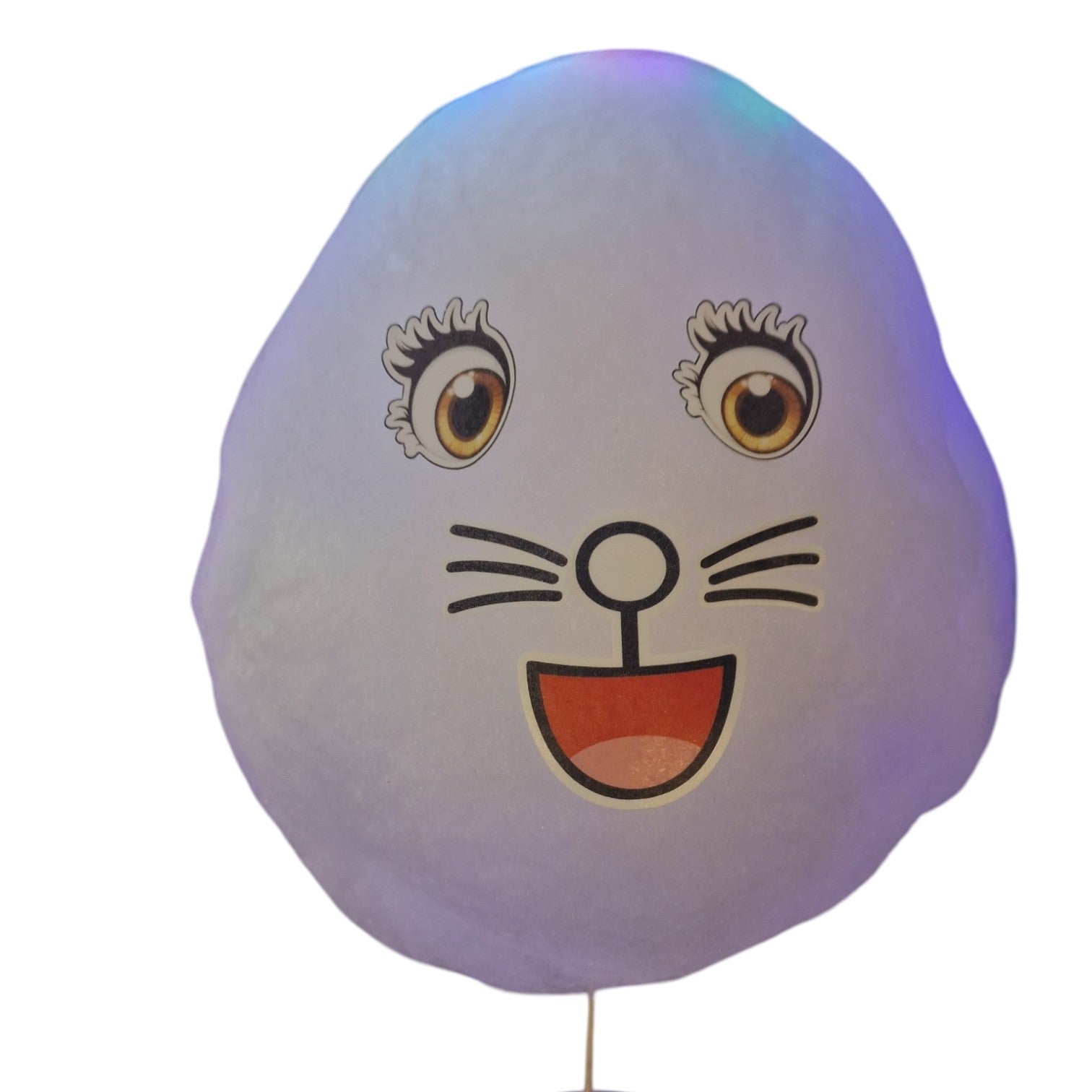 A novelty plush pillow shaped like a cat face, featuring printed eyes, whiskers, and a smiling mouth on a light purple background, shown against a plain white background.