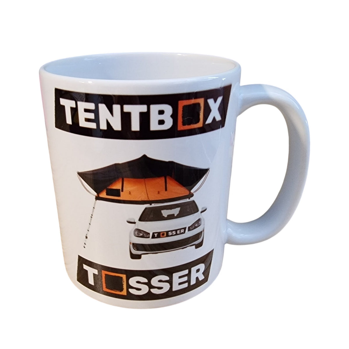 A white ceramic mug featuring a printed graphic of a tent mounted on top of a car, with the words TENTBOX at the top and TOSSER at the bottom.