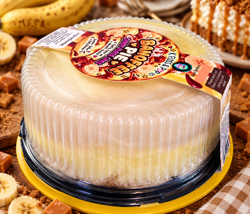 A round banana pie cake in a clear plastic tub with a yellow lid, shown on a yellow base with banana slices, chocolate pieces, and other dessert props around it.