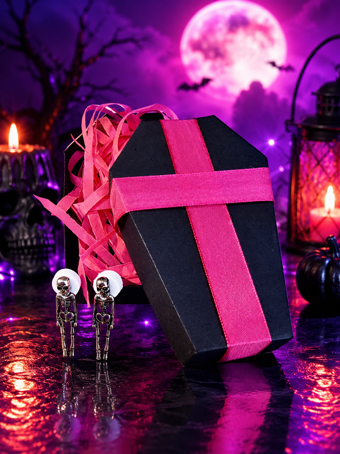 A coffin-shaped black gift box wrapped with a bright pink ribbon and shredded pink paper, styled on a reflective purple surface with Halloween decor including skeleton figures, candles, lanterns, and a full moon in the background.