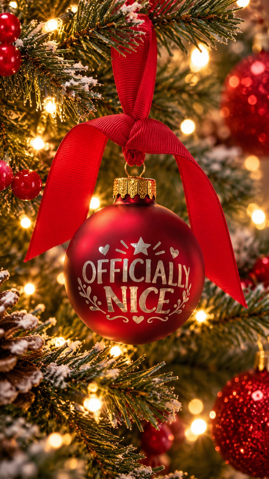 A red Christmas ornament hanging on a decorated tree, tied with a red ribbon. The ornament is printed with the words 'OFFICIALLY NICE' in white script with small white stars and hearts above and below.