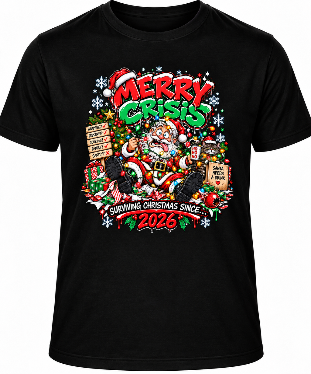 A black short-sleeve crewneck t-shirt featuring a colorful graphic print of a cartoon Santa Claus surrounded by Christmas elements and the text 'MERRY CRISIS SURVIVING CHRISTMAS SINCE 2026'.