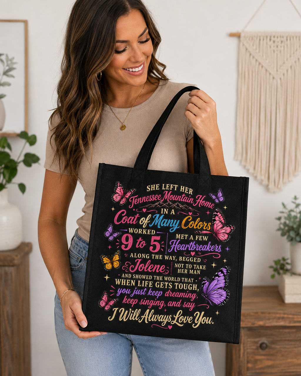 Dolly Country Music Inspired T-Shirt, Sweatshirt or Tote Bag – Colourful Butterfly Song Design